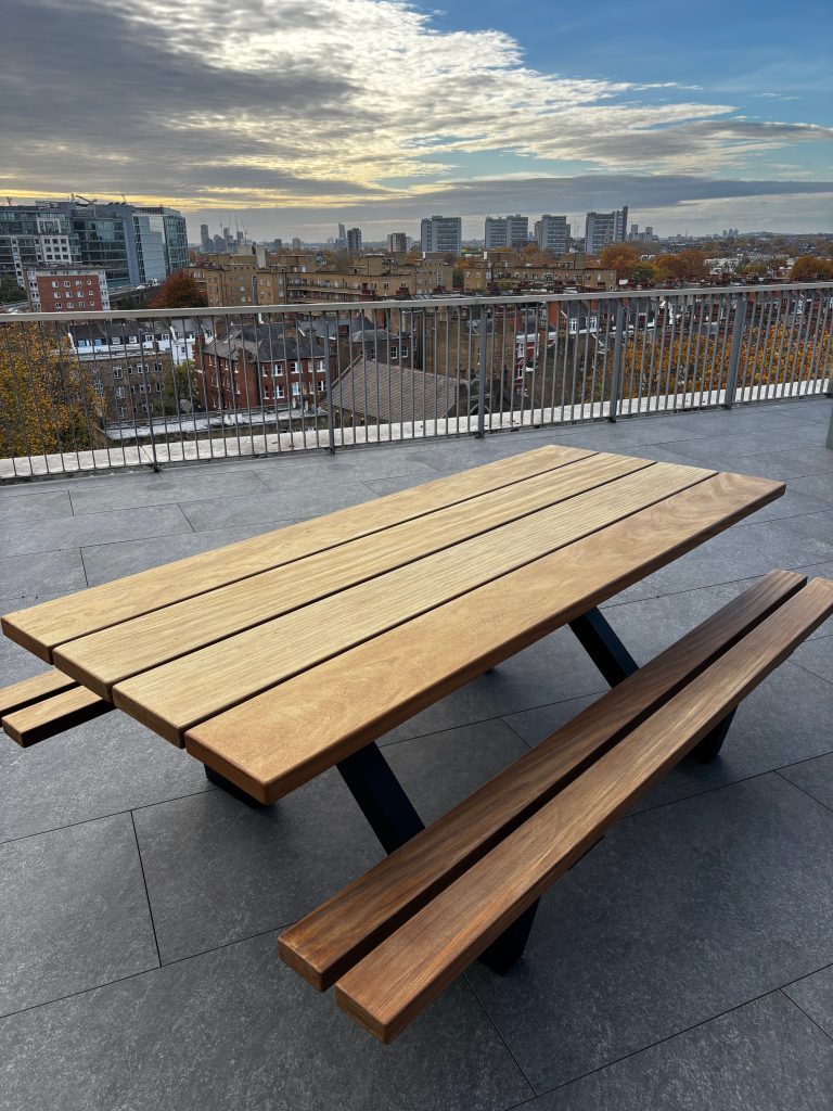Bench table in recycled hardwood roof terrace London